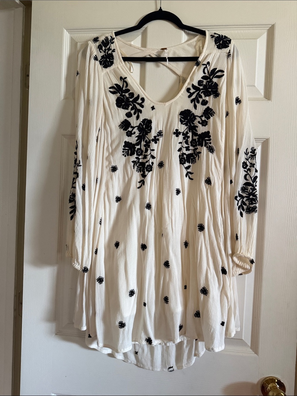 Free People Cream Tunic Dress with Black Floral Embroidery